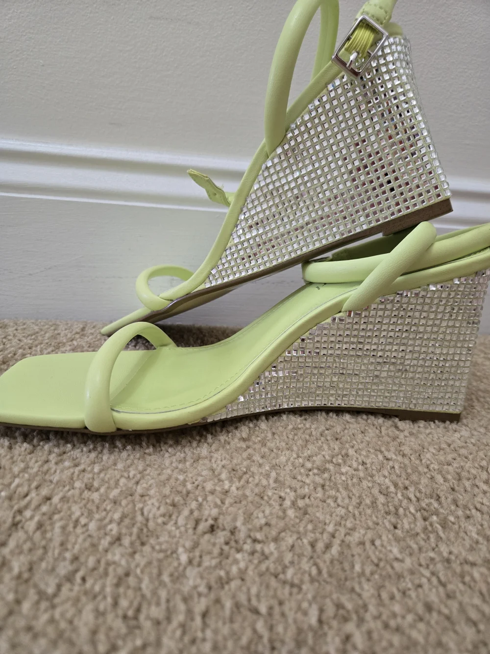 Madden Girl Lime Green Wedge Sandals with Rhinestone Mesh